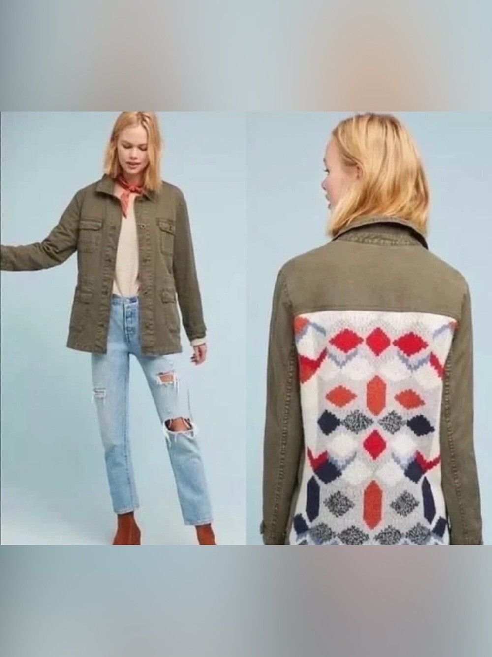 Anthropologie Olive Utility Jacket with Multicolor Knit Back